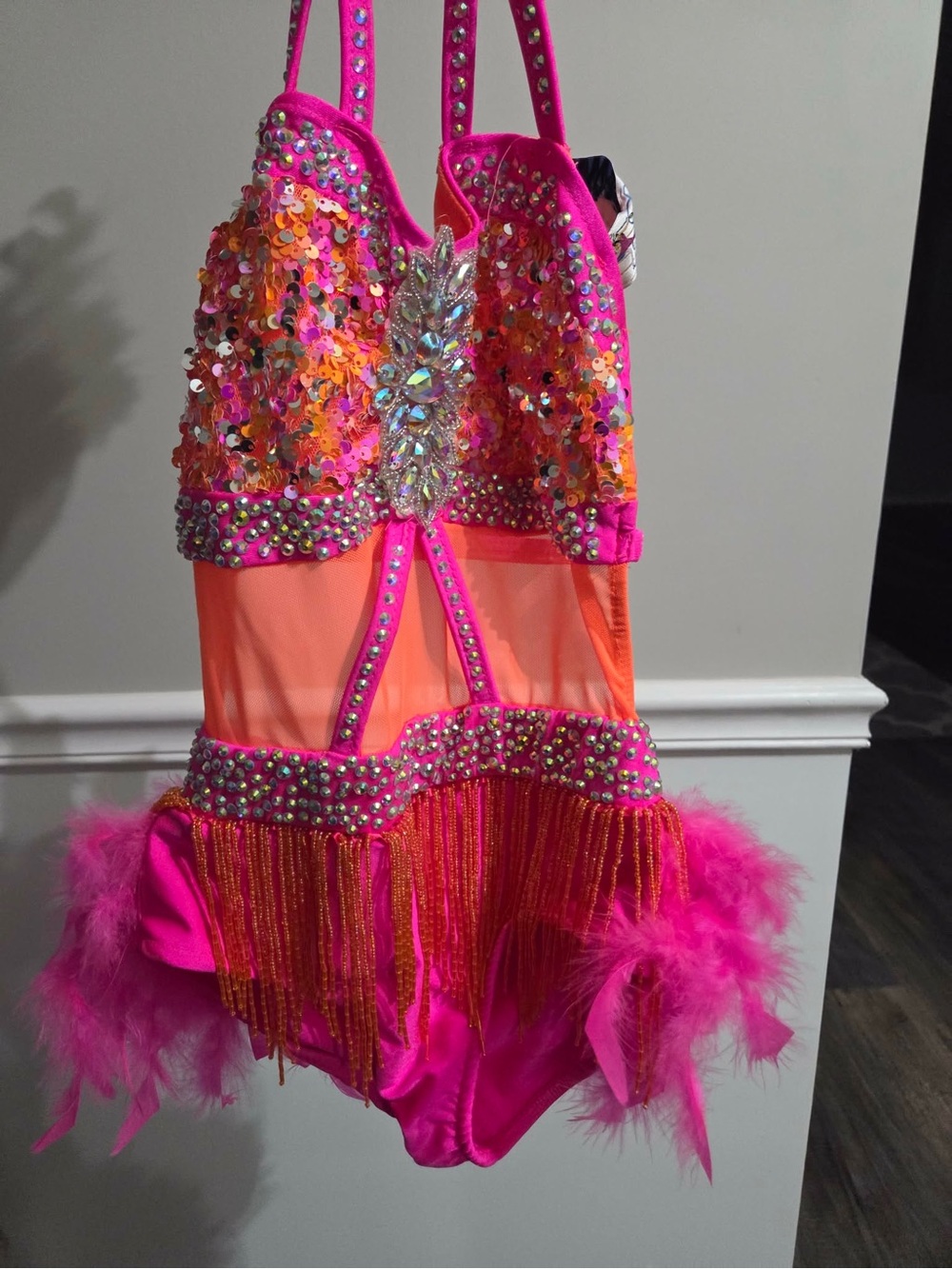 Glamour Hot Pink & Neon Orange Sequin Dance Leotard with Feathers